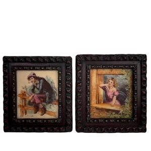 ANTIQUE Wood Frames 2x Darley Artini ETCHING Portrait Artwork Painting Boy Girl